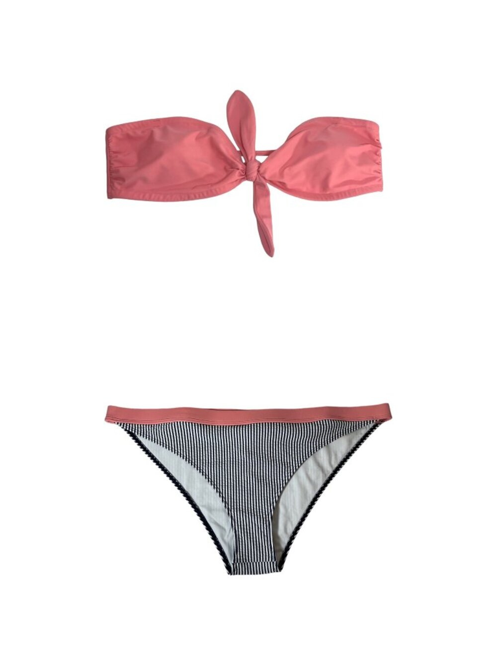 SOUTHERN TIDE 2 Piece Bikini L Bandeau Knot Front Pink Navy Seersucker Hipster